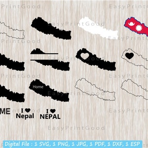 Nepal Nationale Kaart Svg Bundel, Nepal Kaart Vlag, Clipart, Home, Liefde, Overzicht, Split Naam, Monogram Frame, Cut bestand, Zwart & Wit, Cricut Svg