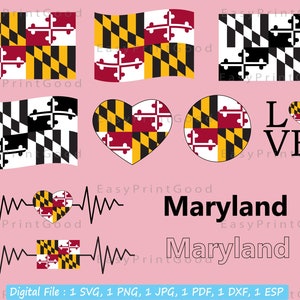 Maryland Flag Bundle Svg, Maryland State Flag Svg, Love Maryland, Waving Maryland, Maryland Clip Art, Heart Maryland, Cut file, Cricut image 2