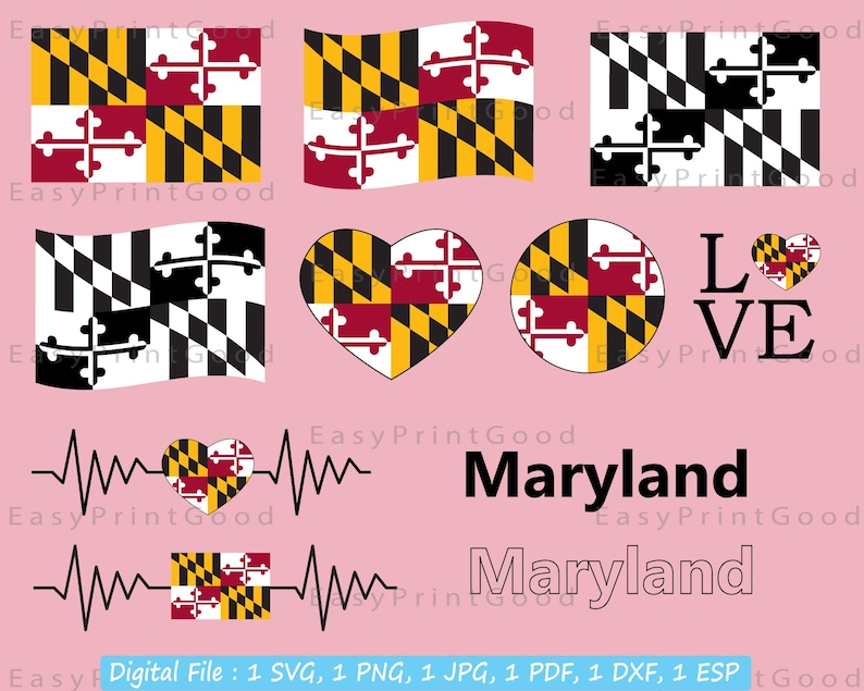 Maryland Flag Bundle Svg, Maryland State Flag Svg, Love Maryland, Waving Maryland, Maryland Clip Art, Heart Maryland, Cut file, Cricut image 2