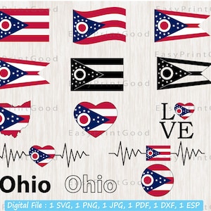 Ohio Flag Bundle Svg, Ohio State Svg, Love Ohio, Waving Ohio, Ohio Clip Art, Ohio Vector, Ohio Flag Heart Svg, Heart Ohio, Cut file, Cricut