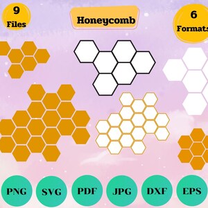 May include: A set of nine digital files in six formats, including PNG, SVG, PDF, JPG, DXF, and EPS, featuring a honeycomb design. The honeycomb is depicted in various styles, including black and white outlines, solid orange, and white with black outlines.