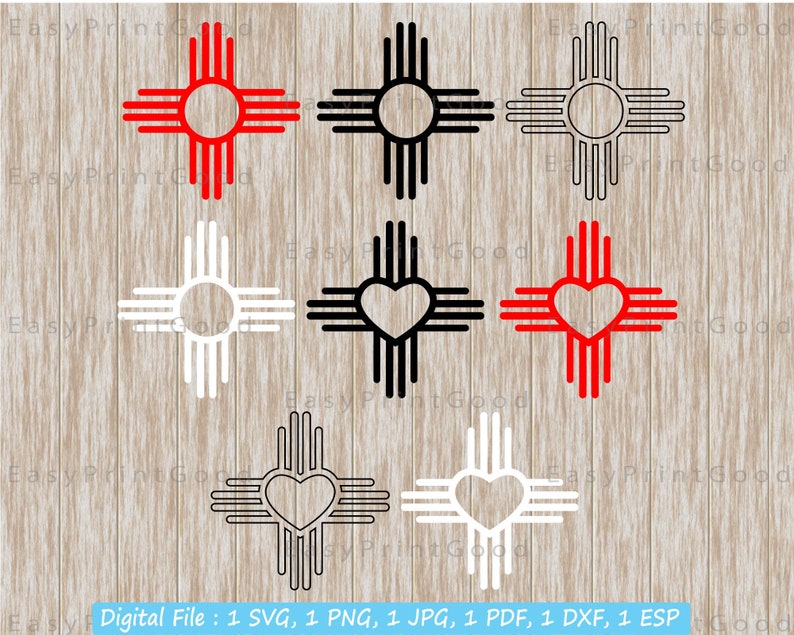 May include: Six variations of the traditional Native American symbol, the "Sun Symbol" or "Sun Zia", in black, white, and red. The symbol is a cross with four circles at the ends of the arms and four lines extending from each circle.