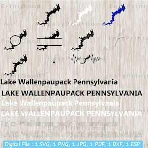 Lago Wallenpaupack Pennsylvania Svg Bundle, Esquema, Amor, Marco de monograma, Silueta, Palabra de texto, Forma de mapa, Archivo de corte, Cricut Svg