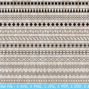 May include: A set of 16 black and white geometric border designs. The designs include squares, triangles, diamonds, and wavy lines.