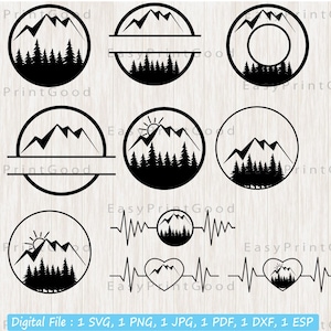 May include: A set of 10 black and white mountain and forest themed SVG cut files. The designs include a mountain range with a sun, a heart with a mountain range, a mountain range with a heartbeat, and a mountain range with a circle for text.