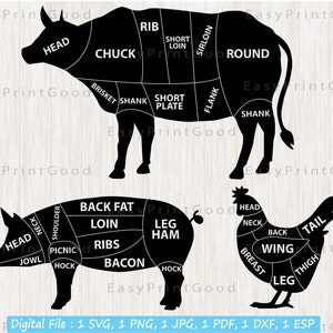 Chicken Pig Cow Meat Svg, Butcher Shop Set Svg, Chicken Pork Beef Pig Cow Poultry Meat Cut Chart, Butcher Diagram, Cut file, Cricut Svg