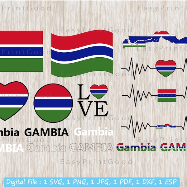 Gambia Flagge Svg Bundle, Gambische Nation Land Banner, Gambia Name, Text Wort, Landkarte, Waving Flag, Liebe, Herz Gambia Karte, Plotterdatei, Cricut