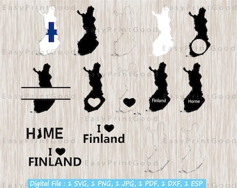 Finland Map Svg Bundle, Finland Clipart, Outline, I Love Finland, Text Word, Home, Black and White, Heart, Monogram Frame, Cut file, Cricut