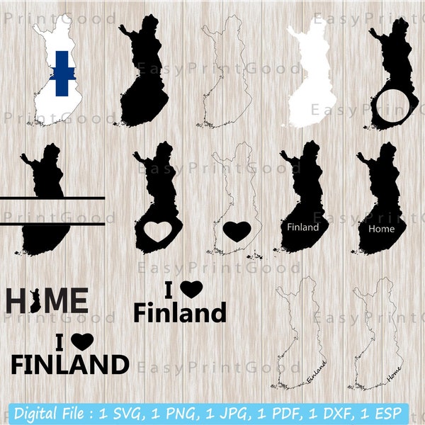 Finland Map Svg Bundle, Finland Clipart, Outline, I Love Finland, Text Word, Home, Black and White, Heart, Monogram Frame, Cut file, Cricut