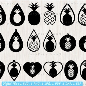 May include: A digital file set of 12 different pineapple earring designs. The designs include a variety of shapes, including circles, teardrops, hearts, and ovals. The pineapple is depicted in a simple, black silhouette style.