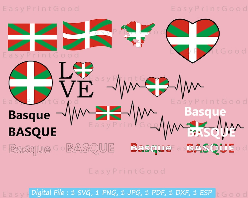 Basque Flag SVG Bundle: Nation Banner, Map, Heartbeat (digital Download ...