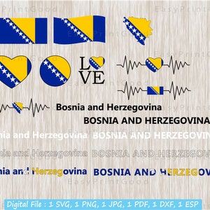 Bosnien Herzegowina Flagge SVG Bundle, Karte von Bosnien und Herzegowina, Liebe Form Banner, Herz, Wehende Flagge, Runde Flagge, ausgeschnittene Datei, Cricut