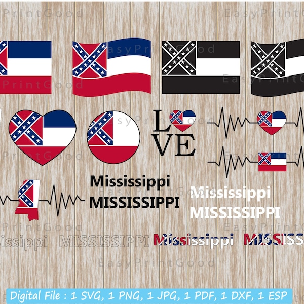 Mississippi State Flag Svg Bundle, Mississippi State Flag Waving Svg,Mississippi Clipart, T-Shirt, Vinyl Cutter, Map, Cut file, Cricut