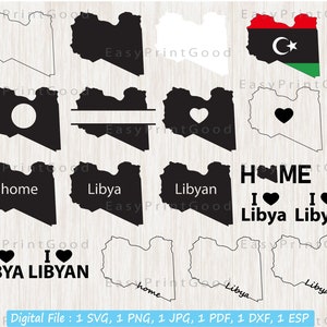 Może przedstawiać: Cyfrowy plik do pobrania zawierający 10 różnych plików SVG do cięcia, przedstawiających zarys Libii. Pliki zawierają zarys w czerni i bieli, czarny zarys z sercem, czarny zarys z kółkiem, czarny zarys z linią do tekstu, czarny zarys z napisem "home", czarny zarys z napisem "Libia", czarny zarys z napisem "Libijski", czarny zarys z napisem "Kocham Libię", czarny zarys z napisem "Kocham Libijczyka" oraz czarny zarys z libijską flagą.
