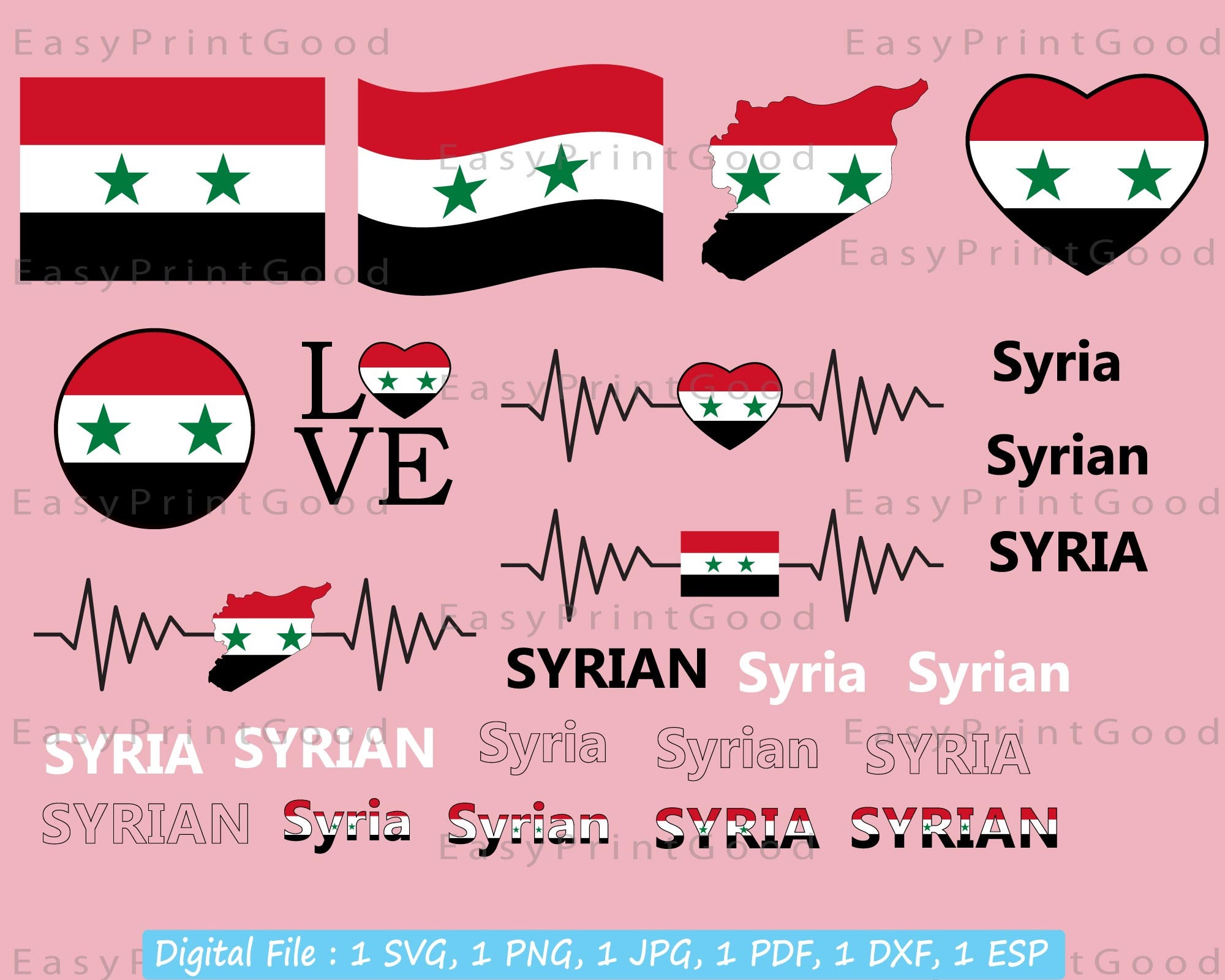Syria Heart Flag SVG, Syrian Love Shape Country National Flag