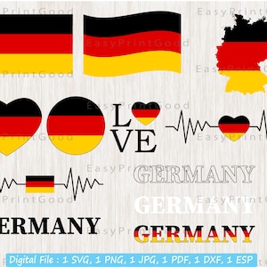 May include: A digital download of a set of German flag designs. The designs include a heart, a circle, a wave with a flag, a map of Germany, a waving flag, and the word "Germany" in different styles. The designs are in black, red, and yellow.