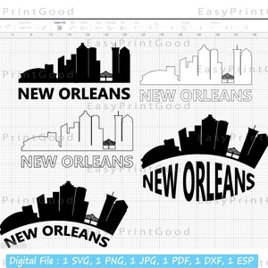 May include: A digital file containing five different designs of the New Orleans skyline. The designs are in black and white and feature the text "New Orleans".