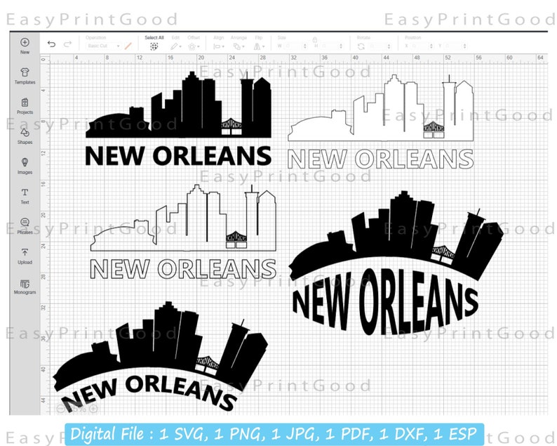 May include: A digital file containing five different designs of the New Orleans skyline. The designs are in black and white and feature the text "New Orleans".