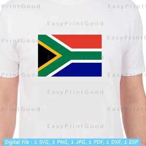 May include: A white t-shirt with a graphic of the South African flag. The flag is red, yellow, green, black, and blue. The text "Easy Print Good" is printed on the shirt.