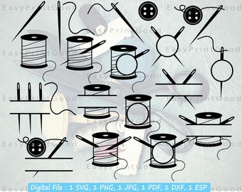 May include: A set of black and white digital illustrations of sewing and embroidery supplies, including spools of thread, needles, buttons, and a needle threader. The illustrations are ideal for crafting projects, scrapbooking, and other creative pursuits.
