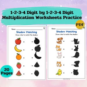 Op de afbeelding: Educatieve PDF-werkbladen voor het oefenen van vermenigvuldigen. De werkbladen bevatten schaduwmatching-oefeningen met fruit en dieren. De tekst op de werkbladen luidt "1-2-3-4 Digit by 1-2-3-4 Digit Multiplication Worksheets Practice".