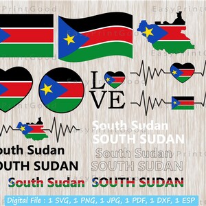 Paquete de la bandera de Sudán del Sur Svg, Mapa, Imágenes prediseñadas de Sudán del Sur, País nación sudanesa, Amor, Agitación, Corazón de bandera, Nombre Texto de palabra, Archivo cortado, Cricut