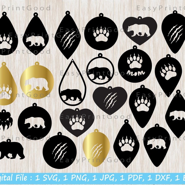 Bear Paw Earring Svg, Earrings Template Svg, Pawprint Earring, Bear Claw Print Svg, Bear Earring, Tear Drop Earrings, Cut file, Cricut svg