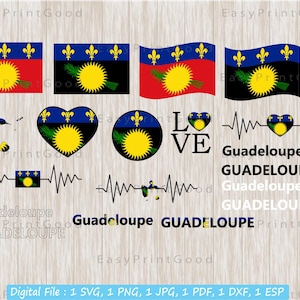 Guadeloupe Flag Svg Bundle, Guadeloupe Flag, Guadeloupe Map Flag, Bannière, Amour, Waving Guadeloupe, Heartbeat, Text Word, Cut file, Cricut