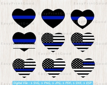 May include: Nine different heart-shaped designs featuring the American flag and a thin blue line. The designs are perfect for crafting projects, scrapbooking, or creating custom apparel.