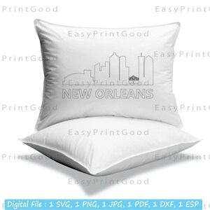 May include: A digital download of a line art illustration of the New Orleans skyline. The illustration is on a white pillow. The text "NEW ORLEANS" is below the skyline.
