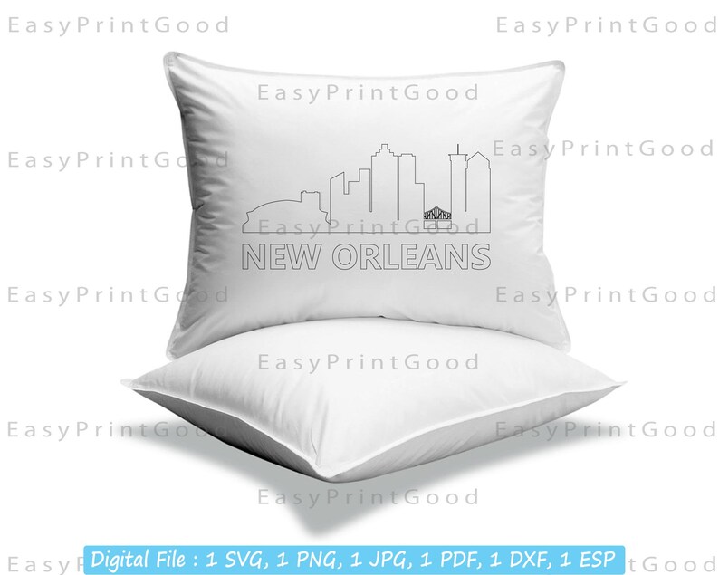 May include: A digital download of a line art illustration of the New Orleans skyline. The illustration is on a white pillow. The text "NEW ORLEANS" is below the skyline.