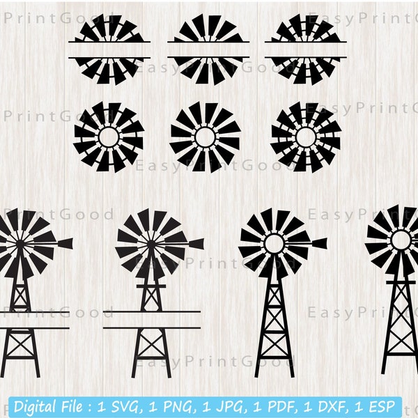 Windmill Split Frame Svg, Farming Farm Windmill, Monogram Frame, Split Windmill et Farmhouse Windmill, Fichier de coupe, Silhouette, Cricut, Cameo