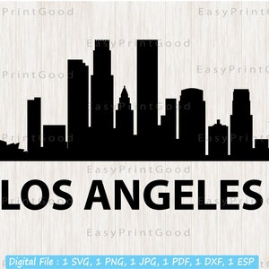May include: Black and white silhouette of the Los Angeles skyline with the text "LOS ANGELES" below. The skyline includes several skyscrapers and palm trees.