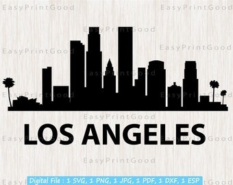 May include: Black and white silhouette of the Los Angeles skyline with the text "LOS ANGELES" below. The skyline includes several skyscrapers and palm trees.