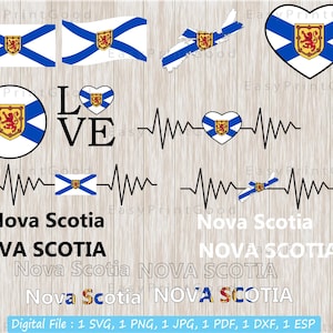 May include: A digital design file featuring a heart with the Nova Scotia flag, a heart with a heartbeat line, and the words "LOVE" in black. The design also includes the words "Nova Scotia" and "NOVA SCOTIA" in black text.