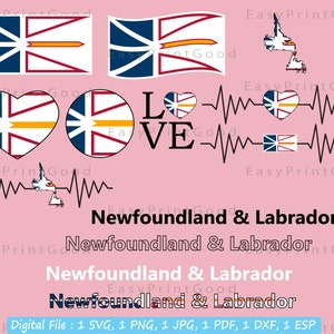 Op de afbeelding: Een digitaal ontwerp met de vlag van Newfoundland en Labrador in verschillende stijlen, waaronder een hart, een cirkel en een rechthoek. Het ontwerp bevat ook een gestileerde hartslag met de vlag ge&iuml;ntegreerd in het ritme. De tekst "LOVE" wordt in grote letters weergegeven, en de woorden "Newfoundland & Labrador" worden vier keer in verschillende groottes en stijlen herhaald. Het ontwerp is geschikt voor gebruik op T-shirts, mokken en andere merchandise.