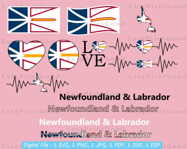 Op de afbeelding: Een digitaal ontwerp met de vlag van Newfoundland en Labrador in verschillende stijlen, waaronder een hart, een cirkel en een rechthoek. Het ontwerp bevat ook een gestileerde hartslag met de vlag ge&iuml;ntegreerd in het ritme. De tekst "LOVE" wordt in grote letters weergegeven, en de woorden "Newfoundland & Labrador" worden vier keer in verschillende groottes en stijlen herhaald. Het ontwerp is geschikt voor gebruik op T-shirts, mokken en andere merchandise.