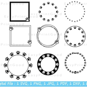 9 Dog Paw Monogram Frames Svg, Paw Frame Bundle Svg, Dog Paw Circle Clipart, Paw Print, Doodle Frame, Dog Cat Pet Circle, Cut file, Cricut