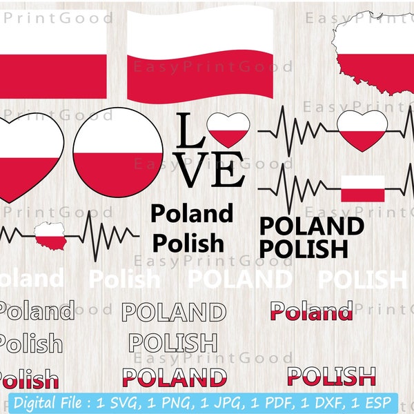 Poland Flag Bundle Svg, Polish Flag, Poland Heart Svg, Polish National Nation Country Banner, Love, Clipart, Waving Poland, Cut file, Cricut