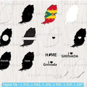 Grenade Svg Bundle, Contour Grenadien, Carte de la Grenade, Accueil, Amour, Cadre monogramme, Carte du pays frontalier de la Grenade, Numérique, Fichier coupé, Cricut