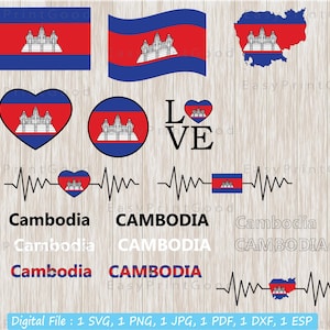 Paquete de bandera de Camboya Svg, Contorno, Blanco y negro, Palabra de texto, Corazón, Latido del corazón, Imágenes Prediseñadas, Amor, Ondulación, Texto, Mapa de Camboya, Archivo cortado, Cricut