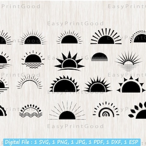 Sunrise Svg Bundle, 20 Sunrise Svg, Sun Svg, Sunrise Clipart, Sunset Silhouette, Sun and Waves Svg, Half Sun, Cut file, Cricut svg