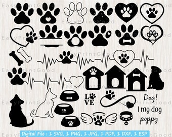 Lot SVG empreinte de patte de chien : os, coeur, cadre monogramme (téléchargement numérique)