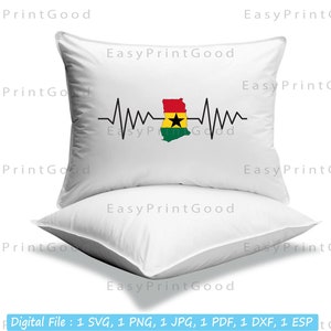 May include: A white pillow with a black heartbeat graphic and the flag of Ghana in the center. The text "EasyPrintGood" is printed on the pillow.