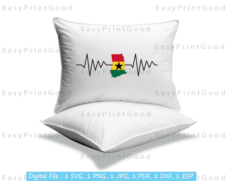 May include: A white pillow with a black heartbeat graphic and the flag of Ghana in the center. The text "EasyPrintGood" is printed on the pillow.
