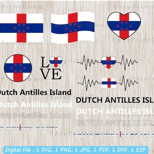 Dutch Antilles Island Flag Bundle Svg, Clipart, Caribbean National Flag, Love, Waving, Heart, Name, Text, Cut file, tshirt design, Cricut
