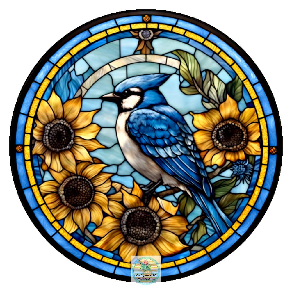 Blue Jay Holiday Wreath Stain Glass