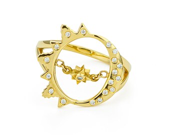 Anel Cósmico. Anel de diamante em ouro maciço 14K 18K. Anel Celestial. Joias de casamento celestial. Anel Lua Celestial Dourado. Jóias Celestiais.