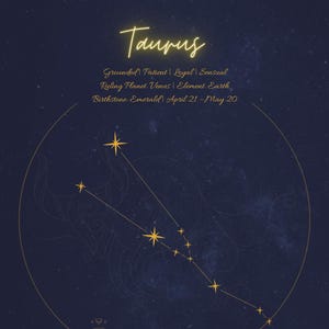 Taurus Zodiac digitale kaart-astrologie afdrukbare, Taurus eigenschappen, Earth Sign Art, hemelse dierenriem decor, Instant Download
