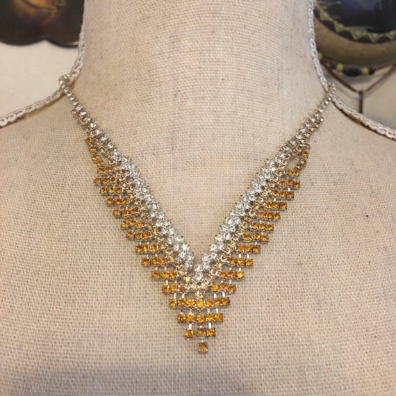 Vintage chevron amber golden rhinestone necklace